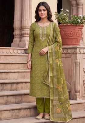 green color shimmer cotton linen fabric designer ethnic ceremonial suit for ethnic looks 1