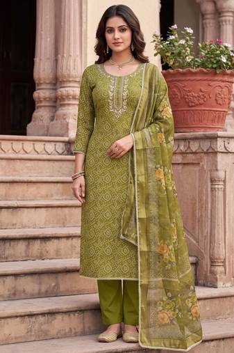 green color shimmer cotton linen fabric designer ethnic ceremonial suit for ethnic looks