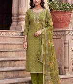 green color shimmer cotton linen fabric designer ethnic ceremonial suit for ethnic looks