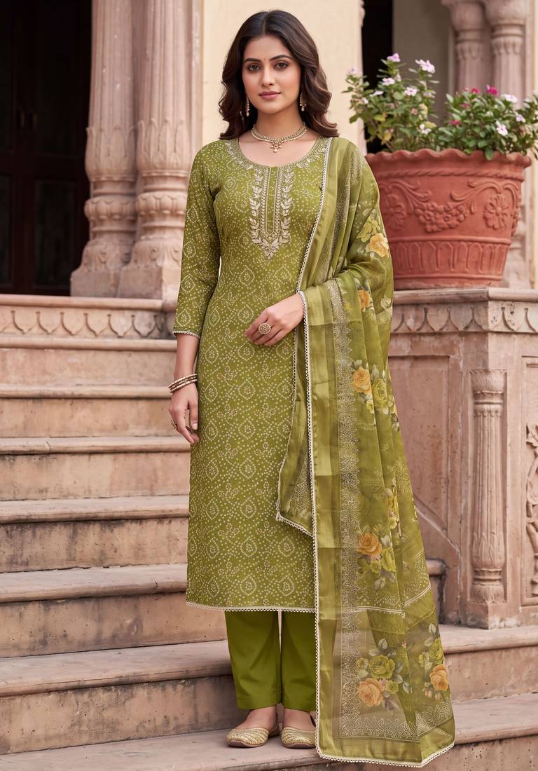 green color shimmer cotton linen fabric designer ethnic ceremonial suit for ethnic looks