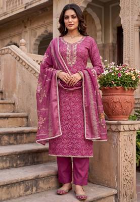 pink color shimmer cotton linen fabric designer ethnic ceremonial suit for ethnic looks 1
