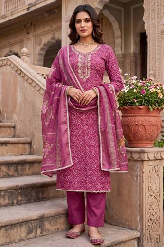 pink color shimmer cotton linen fabric designer ethnic ceremonial suit for ethnic looks