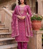 pink color shimmer cotton linen fabric designer ethnic ceremonial suit for ethnic looks