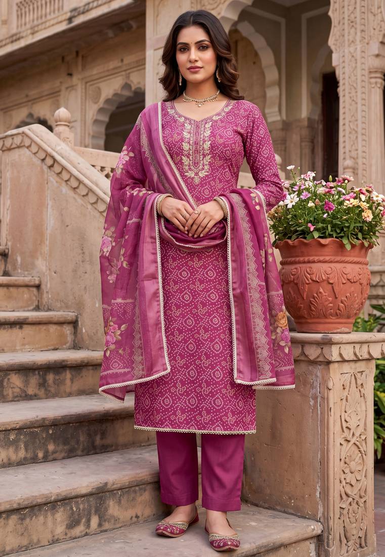 pink color shimmer cotton linen fabric designer ethnic ceremonial suit for ethnic looks