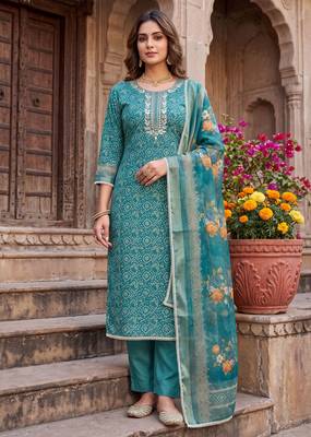 blue color shimmer cotton linen fabric designer ethnic ceremonial suit for ethnic looks 1