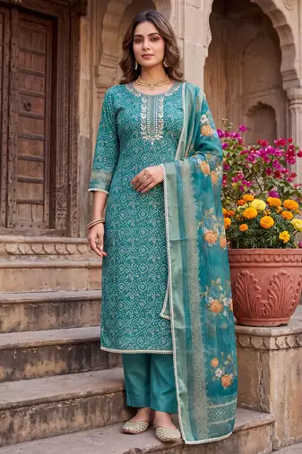 blue color shimmer cotton linen fabric designer ethnic ceremonial suit for ethnic looks