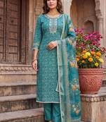 blue color shimmer cotton linen fabric designer ethnic ceremonial suit for ethnic looks