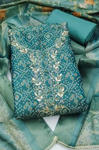 blue color shimmer cotton linen fabric designer ethnic ceremonial suit for ethnic looks