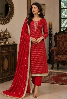 red color smart and ethnic jam cotton fabric beautiful ceremonial suit for girls 1