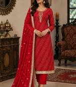 red color smart and ethnic jam cotton fabric beautiful ceremonial suit for girls