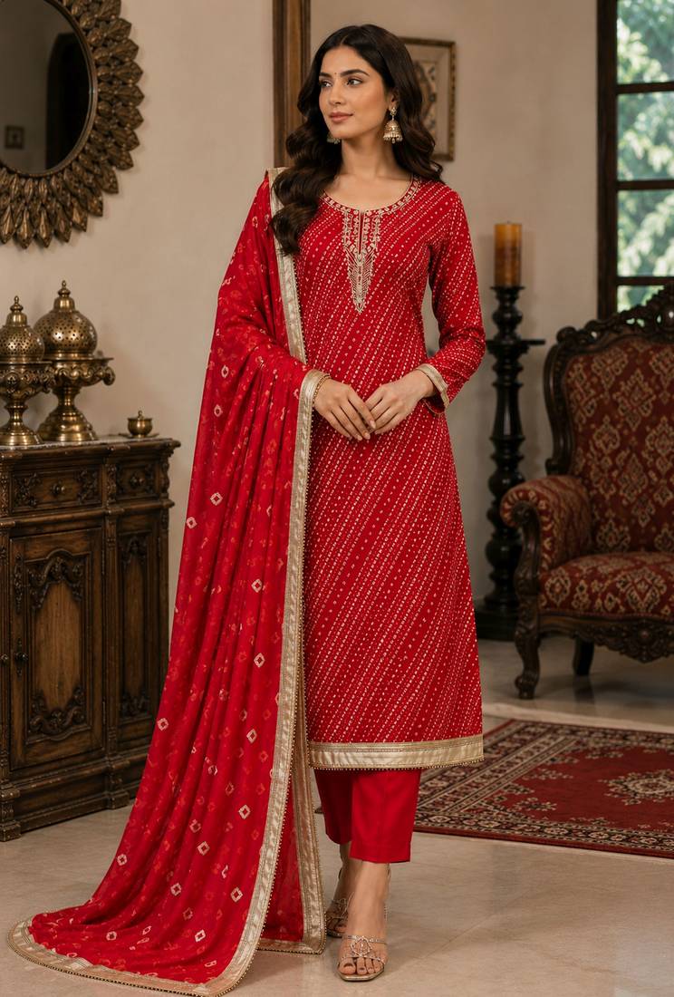 red color smart and ethnic jam cotton fabric beautiful ceremonial suit for girls