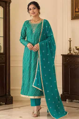 firozi color smart and ethnic jam cotton fabric beautiful ceremonial suit for girls