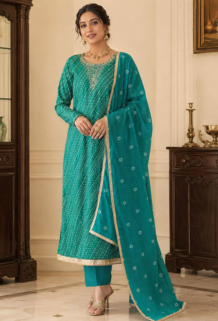 firozi color smart and ethnic jam cotton fabric beautiful ceremonial suit for girls