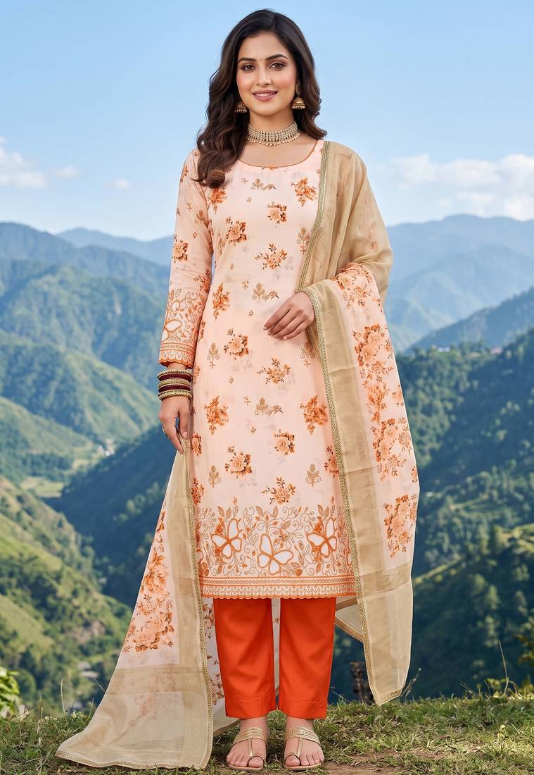 orange color smart and ethnic jam cotton fabric beautiful ceremonial suit for girls