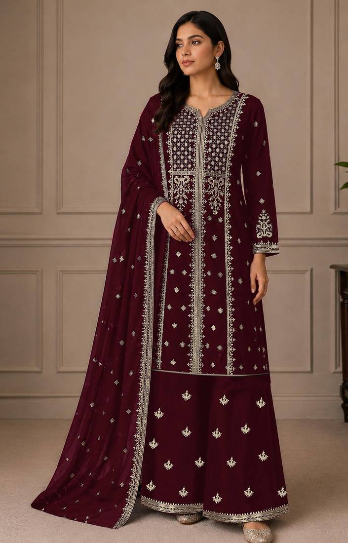 Maroon color georgette fabric beautiful ceremonial palazzo suit for girls