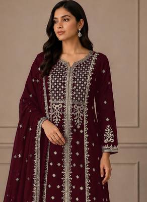 Maroon color georgette fabric beautiful ceremonial palazzo suit for girls 2