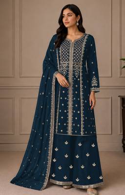 Teal color georgette fabric beautiful ceremonial palazzo suit for girls 1