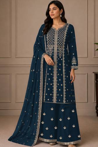 Teal color georgette fabric beautiful ceremonial palazzo suit for girls