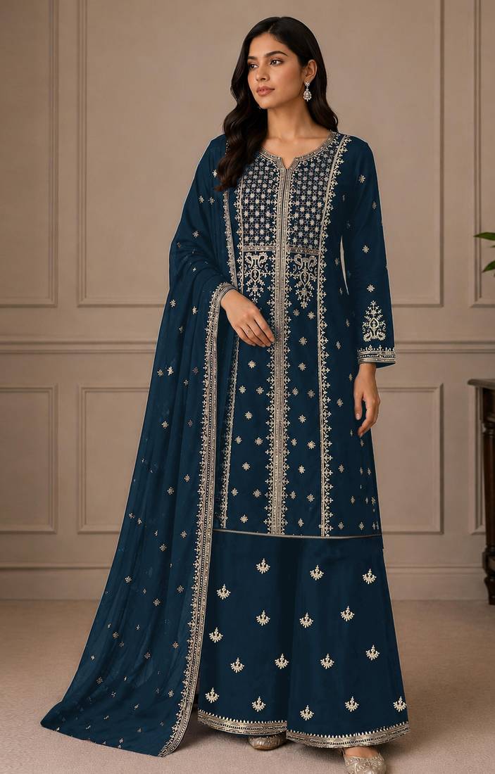 Teal color georgette fabric beautiful ceremonial palazzo suit for girls