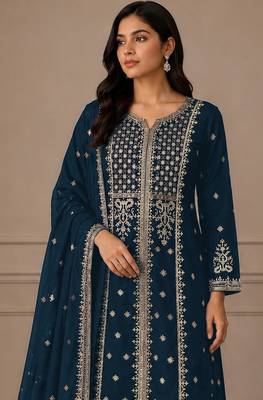 Teal color georgette fabric beautiful ceremonial palazzo suit for girls 2