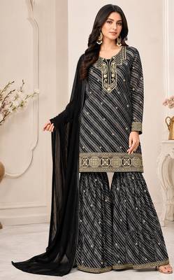 Black color georgette fabric designer embroidery work ceremonial sharara dress for girls 1