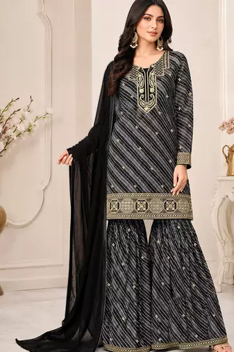 Black color georgette fabric designer embroidery work ceremonial sharara dress for girls