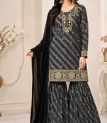 Black color georgette fabric designer embroidery work ceremonial sharara dress for girls