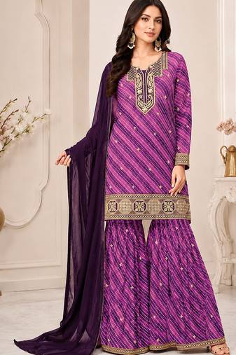 Purple color georgette fabric designer embroidery work ceremonial sharara dress for girls