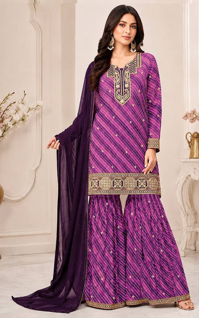 Purple color georgette fabric designer embroidery work ceremonial sharara dress for girls