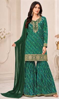 Green color georgette fabric designer embroidery work ceremonial sharara dress for girls 1