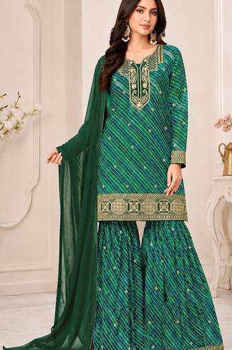 Green color georgette fabric designer embroidery work ceremonial sharara dress for girls