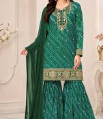 Green color georgette fabric designer embroidery work ceremonial sharara dress for girls