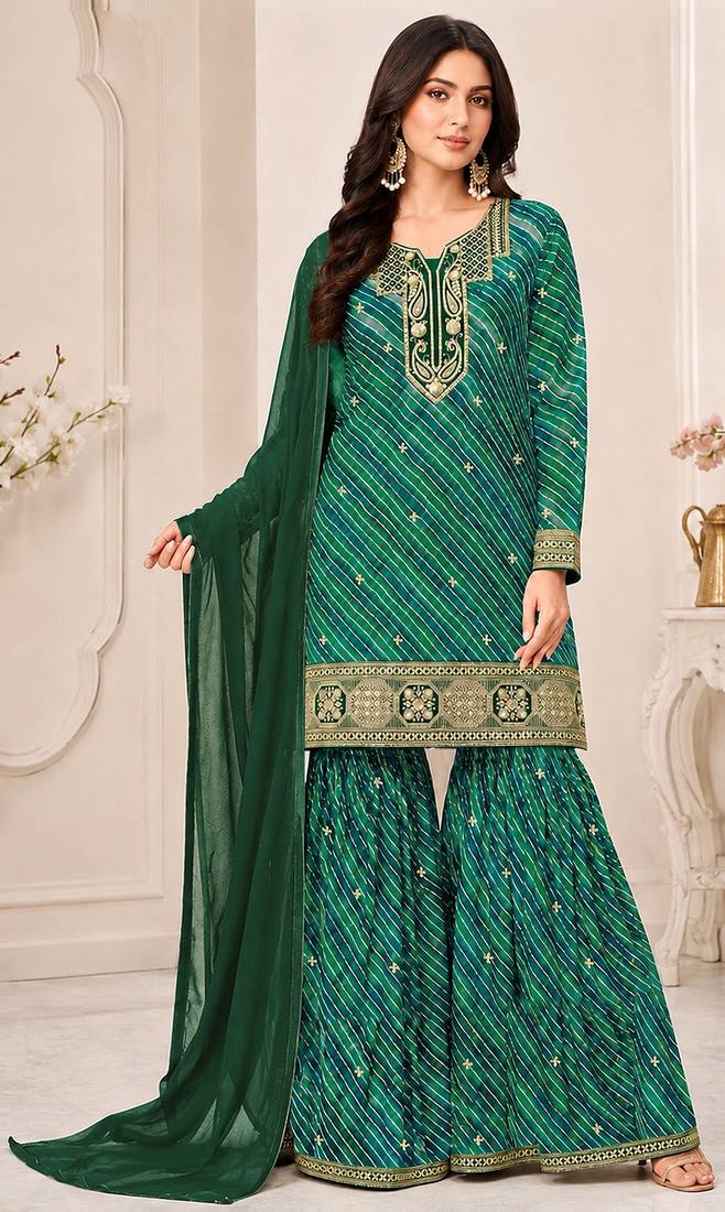 Green color georgette fabric designer embroidery work ceremonial sharara dress for girls
