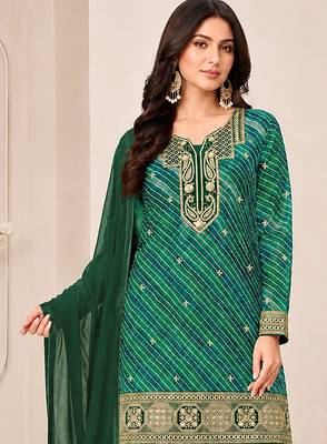 Green color georgette fabric designer embroidery work ceremonial sharara dress for girls 2