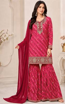 Red color georgette fabric designer embroidery work ceremonial sharara dress for girls 1