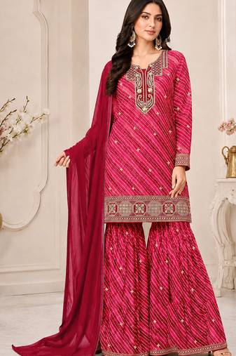 Red color georgette fabric designer embroidery work ceremonial sharara dress for girls