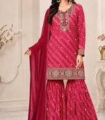 Red color georgette fabric designer embroidery work ceremonial sharara dress for girls