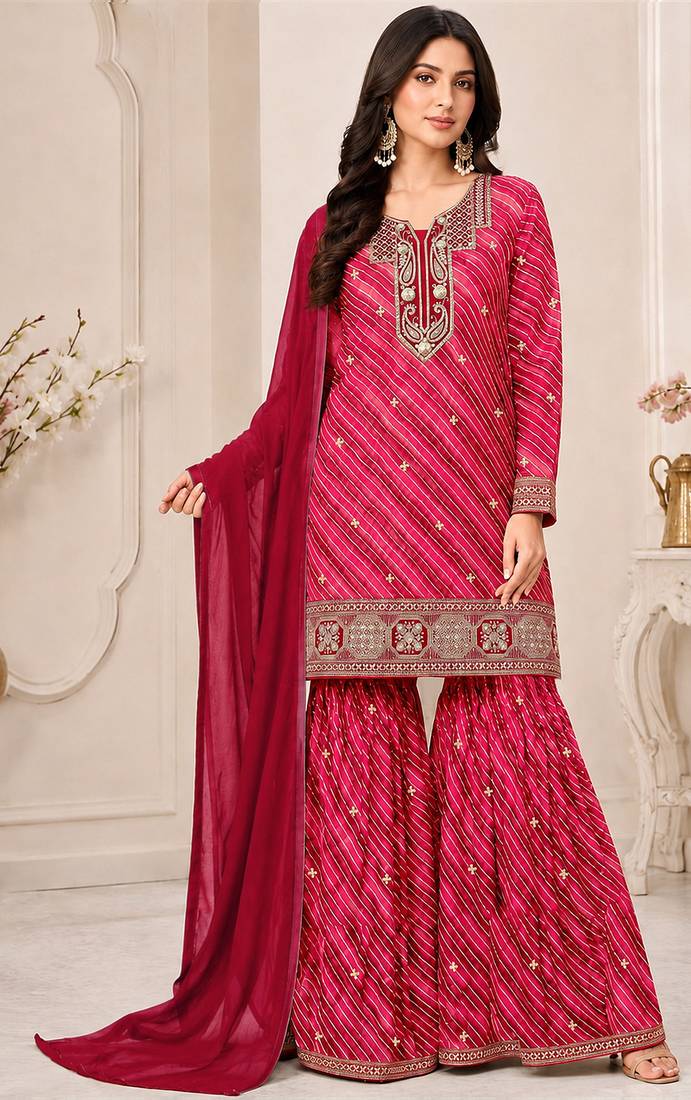 Red color georgette fabric designer embroidery work ceremonial sharara dress for girls