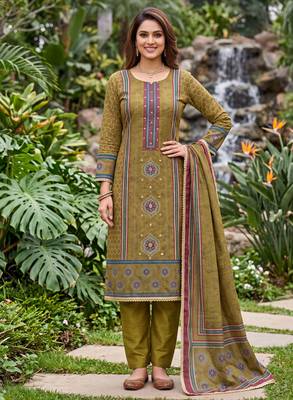 mehendi color smart and ethnic cotton  fabric elegant salwar kameez for girls 1