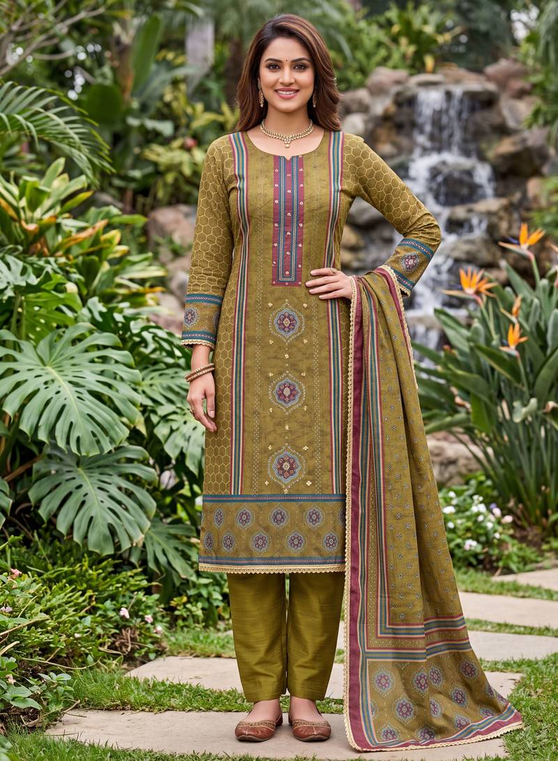 mehendi color smart and ethnic cotton  fabric elegant salwar kameez for girls