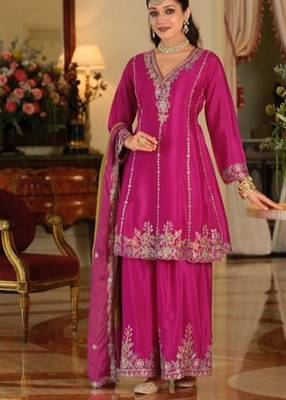 Pink color smart and ethnic chinon fabric designer embroidered partywear palazzo suit 1
