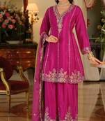 Pink color smart and ethnic chinon fabric designer embroidered partywear palazzo suit