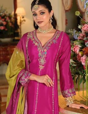Pink color smart and ethnic chinon fabric designer embroidered partywear palazzo suit 2