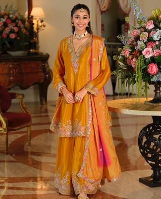 Yellow color smart and ethnic chinon fabric designer embroidered partywear palazzo suit 1