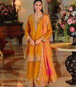 Yellow color smart and ethnic chinon fabric designer embroidered partywear palazzo suit