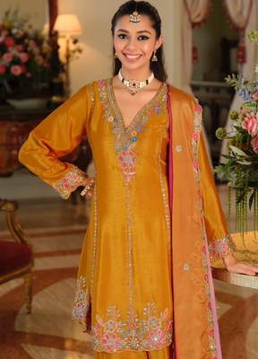 Yellow color smart and ethnic chinon fabric designer embroidered partywear palazzo suit 2