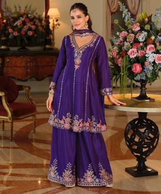 Purple color smart and ethnic chinon fabric designer embroidered partywear palazzo suit 1