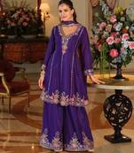 Purple color smart and ethnic chinon fabric designer embroidered partywear palazzo suit