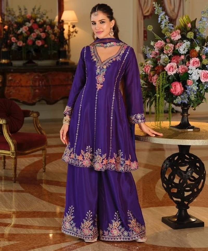 Purple color smart and ethnic chinon fabric designer embroidered partywear palazzo suit