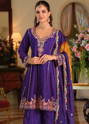 Purple color smart and ethnic chinon fabric designer embroidered partywear palazzo suit 2
